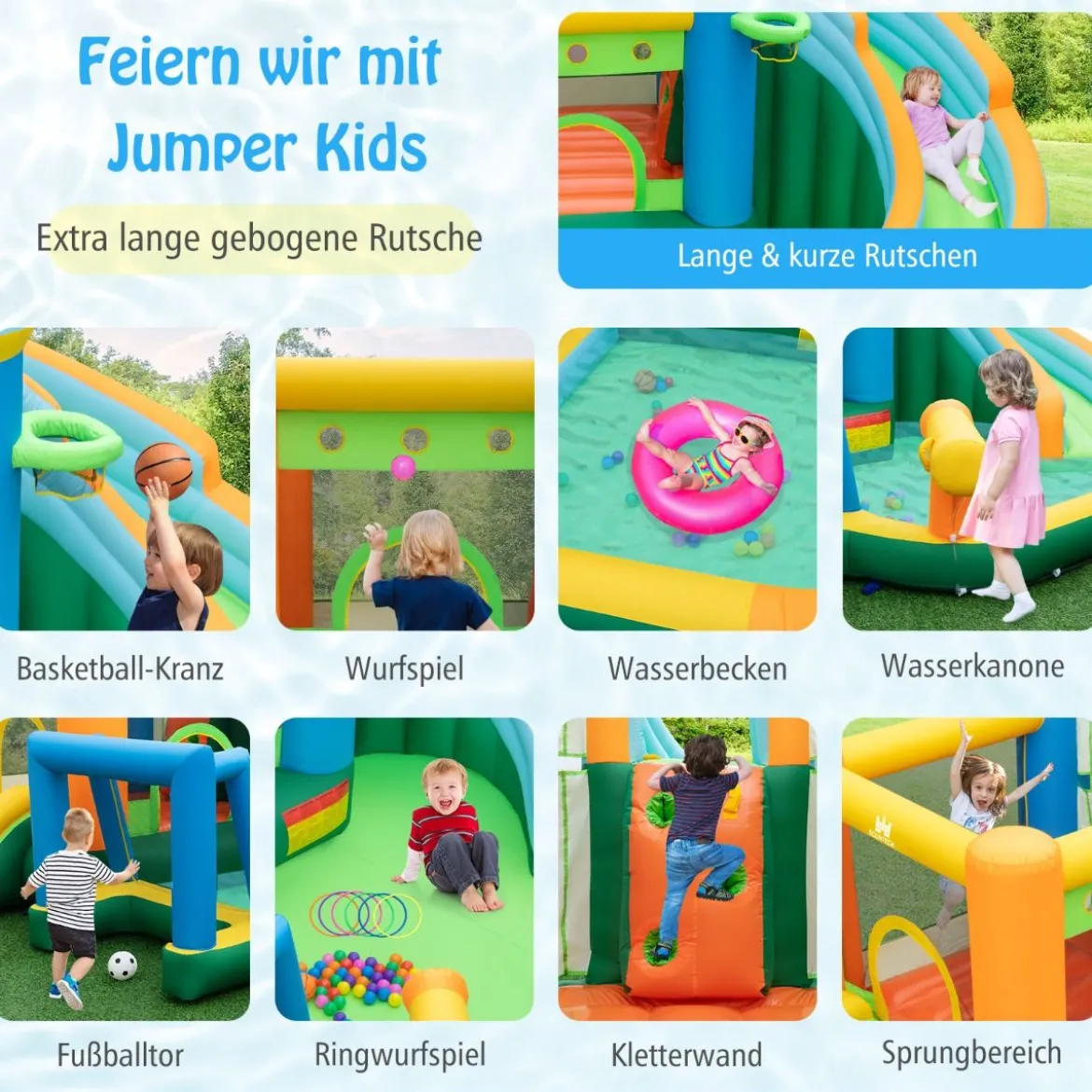 Hüpfburg zum Aufblasen mit 2 Rutschen & Planschbecken & Kletterwand Springburg
