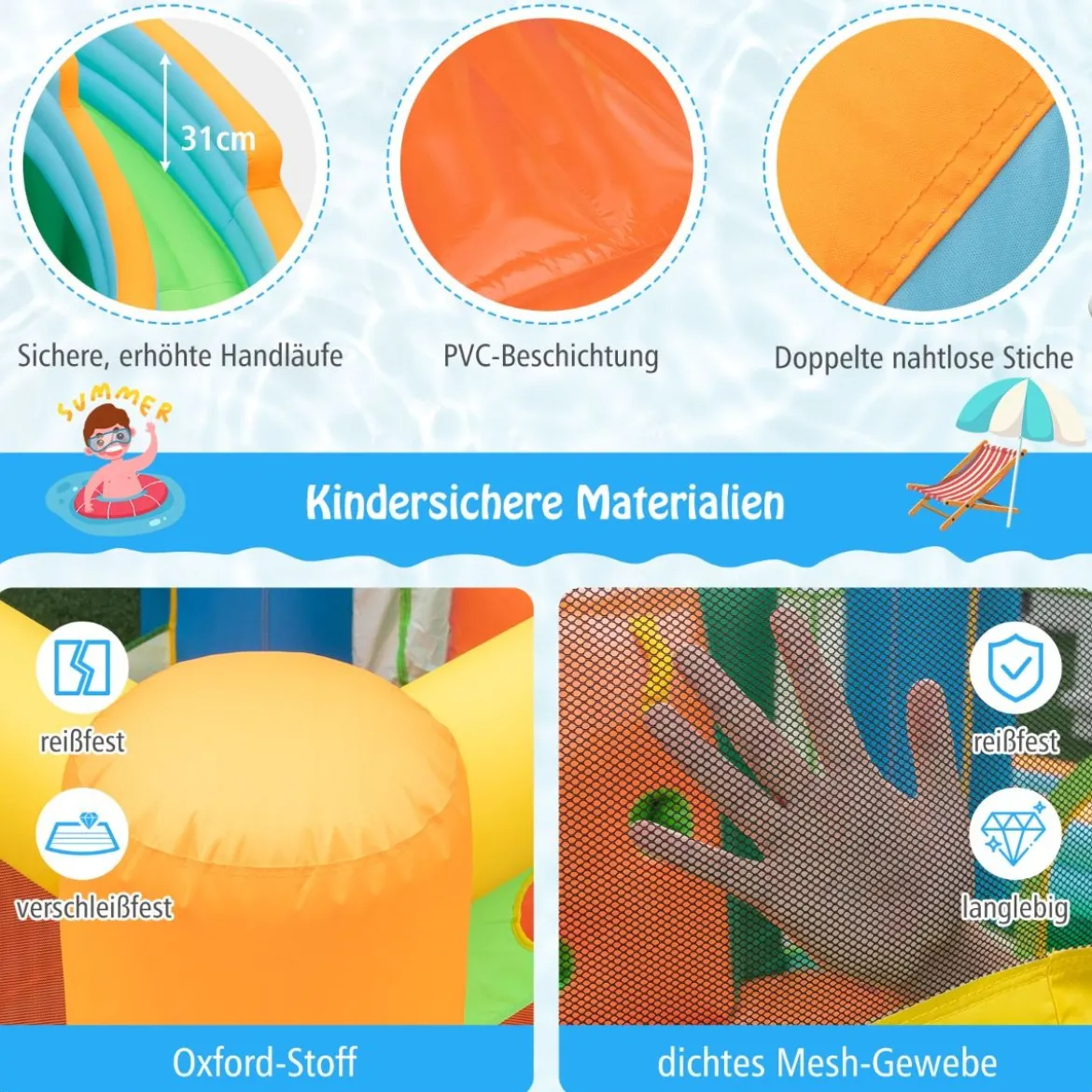 Hüpfburg zum Aufblasen mit 2 Rutschen & Planschbecken & Kletterwand Springburg