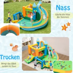 Hüpfburg zum Aufblasen mit 2 Rutschen & Planschbecken & Kletterwand Springburg