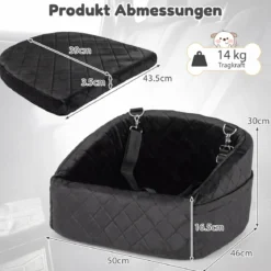 Hunde Autositz für Kleine/Mittlere Hunde Weicher Hundeautositz mit Sicherheitsgurten Seitentaschen Schwarz