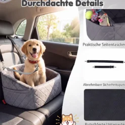 Hunde Autositz für Kleine/Mittlere Hunde Weicher Hundeautositz mit Sicherheitsgurten Seitentaschen Grau