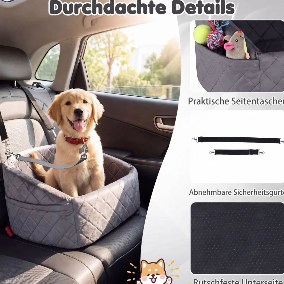 Hunde Autositz für Kleine/Mittlere Hunde Weicher Hundeautositz mit Sicherheitsgurten Seitentaschen Grau