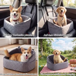 Hunde Autositz für Kleine/Mittlere Hunde Weicher Hundeautositz mit Sicherheitsgurten Seitentaschen Grau