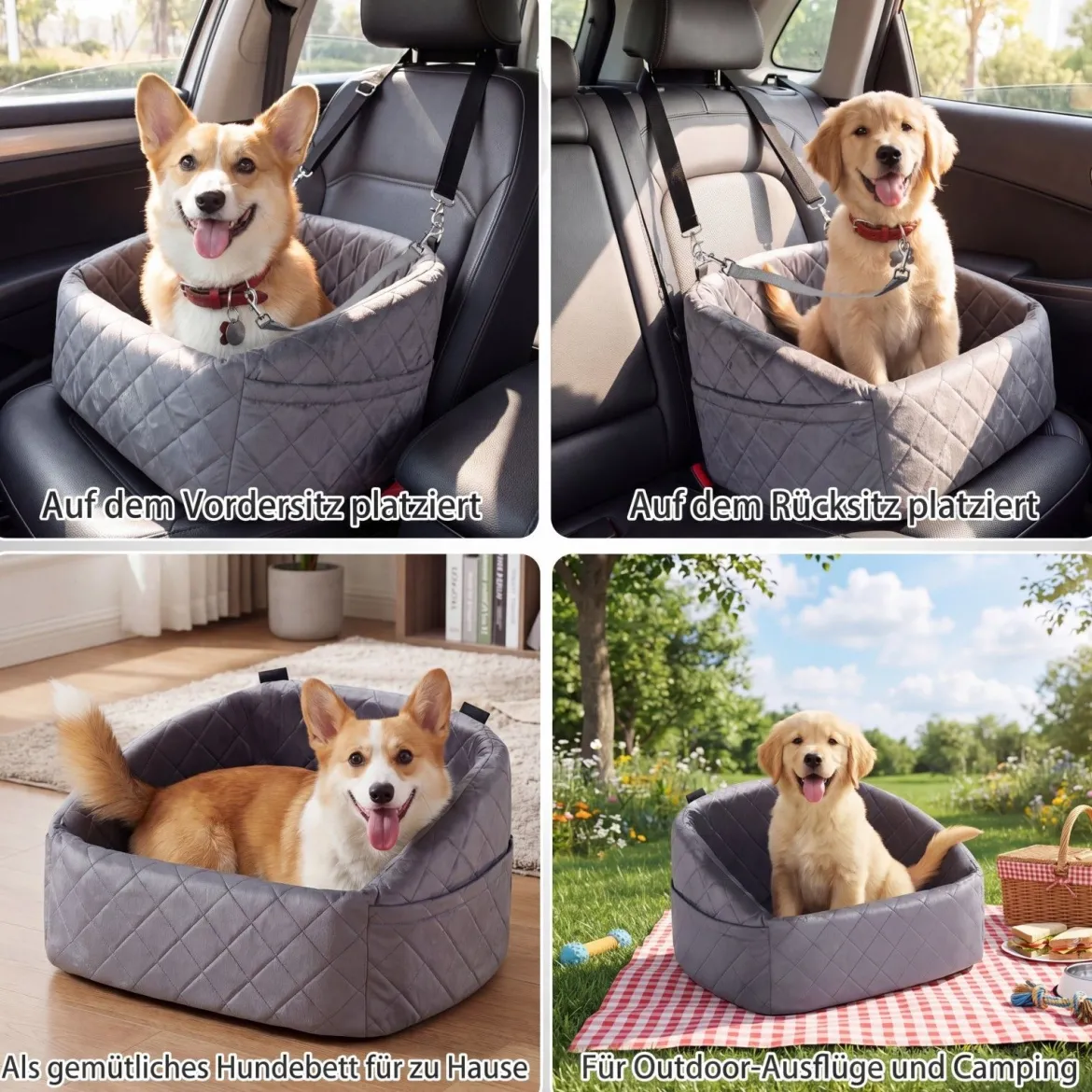 Hunde Autositz für Kleine/Mittlere Hunde Weicher Hundeautositz mit Sicherheitsgurten Seitentaschen Grau