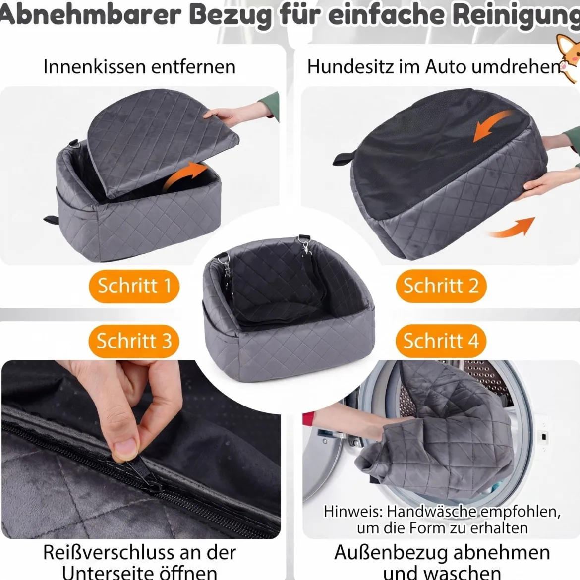 Hunde Autositz für Kleine/Mittlere Hunde Weicher Hundeautositz mit Sicherheitsgurten Seitentaschen Grau