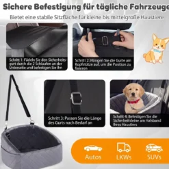 Hunde Autositz für Kleine/Mittlere Hunde Weicher Hundeautositz mit Sicherheitsgurten Seitentaschen Grau