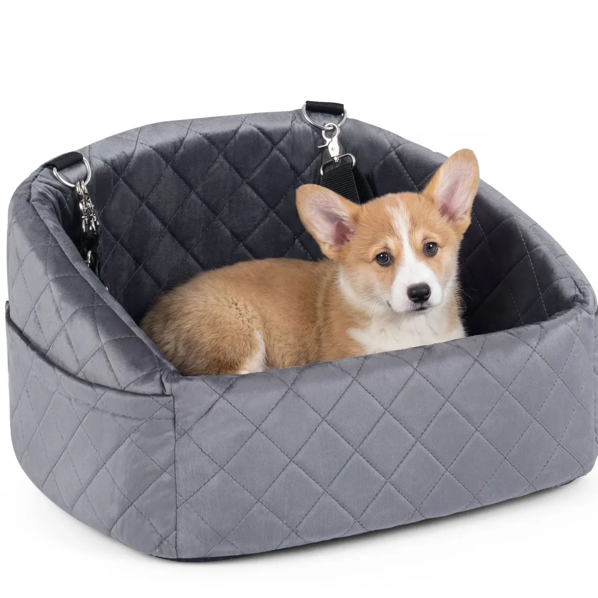 Hunde Autositz für Kleine/Mittlere Hunde Weicher Hundeautositz mit Sicherheitsgurten Seitentaschen Grau