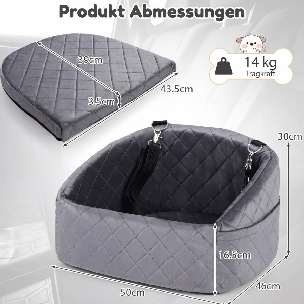 Hunde Autositz für Kleine/Mittlere Hunde Weicher Hundeautositz mit Sicherheitsgurten Seitentaschen Grau