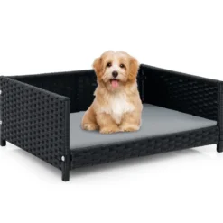 Hundebett aus PE-Rattan mit Abnehmbarem Kissen & Waschbarem Bezug Haustierbett