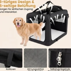 Hundebox Faltbar Tragbare Hundetransportbox mit Netzfenstern 3 Türen für Hunde und Katzen L