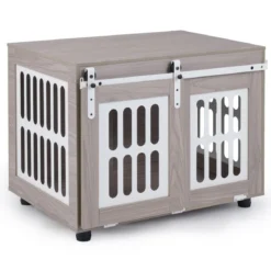 Hundebox mit Abschließbarer Schiebetür & 2 Seitlichen Fenstern Hundehaus & Beistelltisch Grau