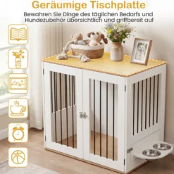 Hundebox mit 360° Drehbaren Futternäpfen & Abschließbarer Tür Hundekäfig Beistelltisch Weiß