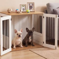 Hundebox mit 360° Drehbaren Futternäpfen & Abschließbarer Tür Hundekäfig Beistelltisch Weiß