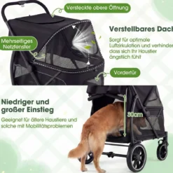 Hundebuggy faltbarer Hundewagen mit Geländereifen niedrigem Einstieg Schwarz