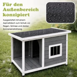 Hundehütte aus Holz mit Überdachter Veranda & Wetterfeste Asphaltdach 86 x 63 x 60 cm Grau