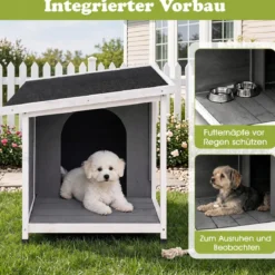 Hundehütte aus Holz mit Überdachter Veranda & Wetterfeste Asphaltdach 86 x 63 x 60 cm Grau