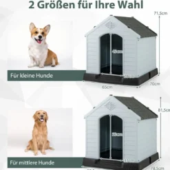 Hundehütte Hundehaus aus Kunststoff Hundehöhle mit Erhöhtem Boden & Wasserfestem Dach Grau