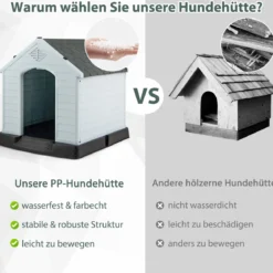 Hundehütte Hundehaus aus Kunststoff Hundehöhle mit Erhöhtem Boden & Wasserfestem Dach Grau