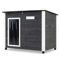 Hundehütte Hundehaus aus Tannenholz Kleintierhaus mit Tür Klappbarem Asphaltdach 85,5 x 56,5 x 64,5 cm Grau