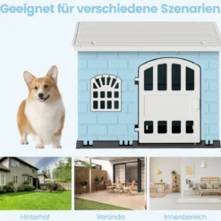 Hundehütte Kunststoff wetterfester Hundehaus mit abschließbarer Tür 3 Fenstern & Schrägdach für kleine Hunde Katzen