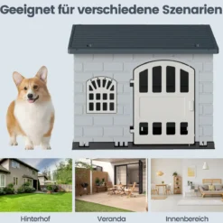 Hundehütte Kunststoff wetterfester Hundehaus mit abschließbarer Tür 3 Fenstern & Schrägdach für kleine Hunde Katzen