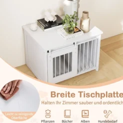 Hundekäfig Möbel mit Schiebetür Hundebox aus Metall Holz Hundehütte Haustierkäfig Weiß