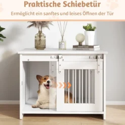 Hundekäfig Möbel mit Schiebetür Hundebox aus Metall Holz Hundehütte Haustierkäfig Weiß