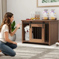 Hundekäfig Möbel mit Schiebetür Hundebox aus Metall Holz Hundehütte Haustierkäfig Braun