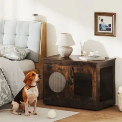 Hundekäfig Tierkäfig Hundebox im Möbelstil mit Tür & PC-Fenster Haustierkäfig für kleine und mittelgroße Hunde Katze Haustier Braun 82 x 47 x 60 cm