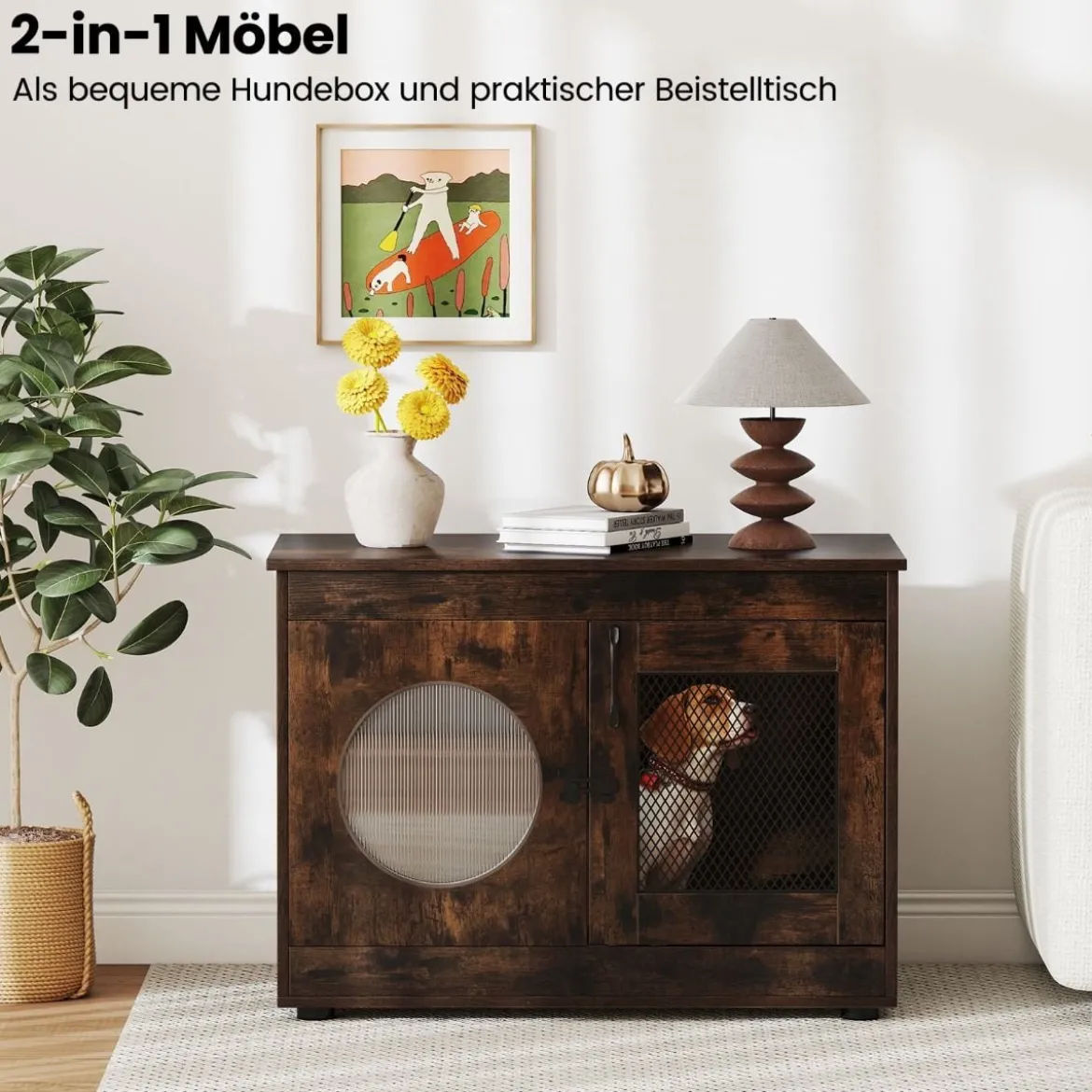 Hundekäfig Tierkäfig Hundebox im Möbelstil mit Tür & PC-Fenster Haustierkäfig für kleine und mittelgroße Hunde Katze Haustier Braun 82 x 47 x 60 cm