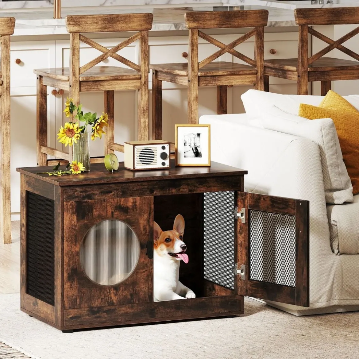 Hundekäfig Tierkäfig Hundebox im Möbelstil mit Tür & PC-Fenster Haustierkäfig für kleine und mittelgroße Hunde Katze Haustier Braun 82 x 47 x 60 cm