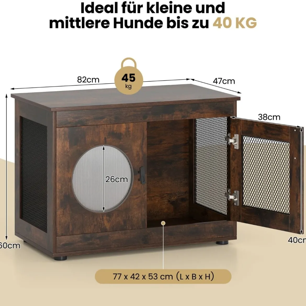 Hundekäfig Tierkäfig Hundebox im Möbelstil mit Tür & PC-Fenster Haustierkäfig für kleine und mittelgroße Hunde Katze Haustier Braun 82 x 47 x 60 cm