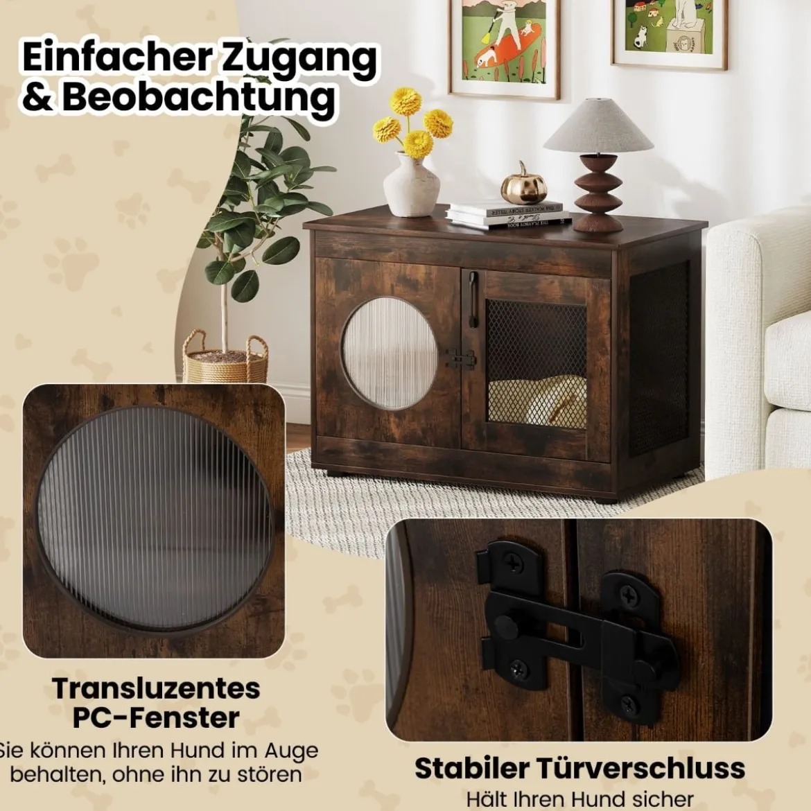 Hundekäfig Tierkäfig Hundebox im Möbelstil mit Tür & PC-Fenster Haustierkäfig für kleine und mittelgroße Hunde Katze Haustier Braun 82 x 47 x 60 cm
