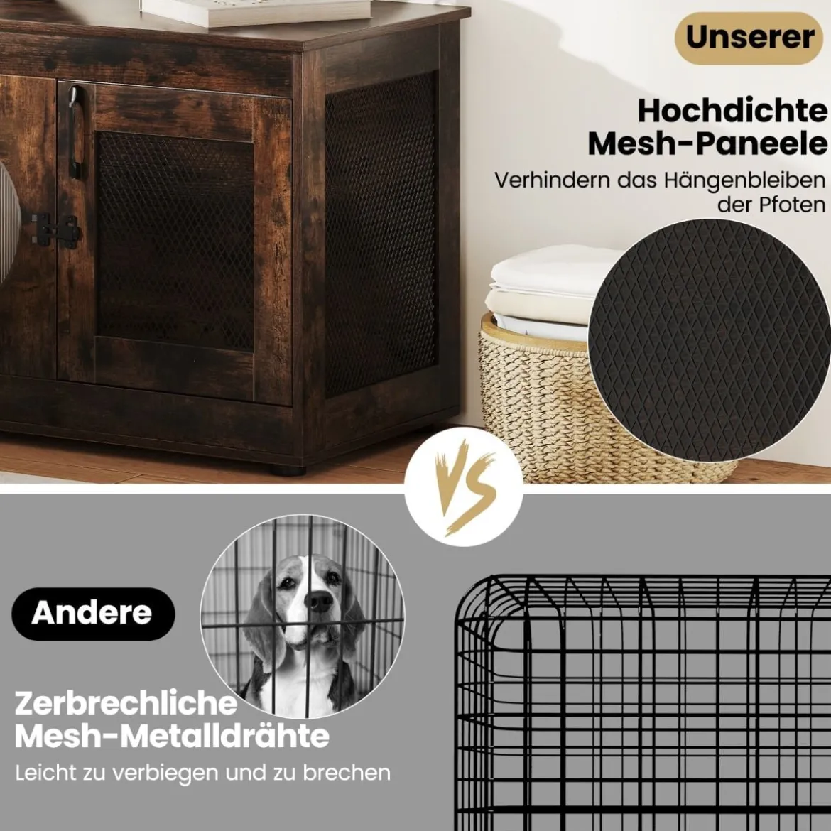 Hundekäfig Tierkäfig Hundebox im Möbelstil mit Tür & PC-Fenster Haustierkäfig für kleine und mittelgroße Hunde Katze Haustier Braun 82 x 47 x 60 cm