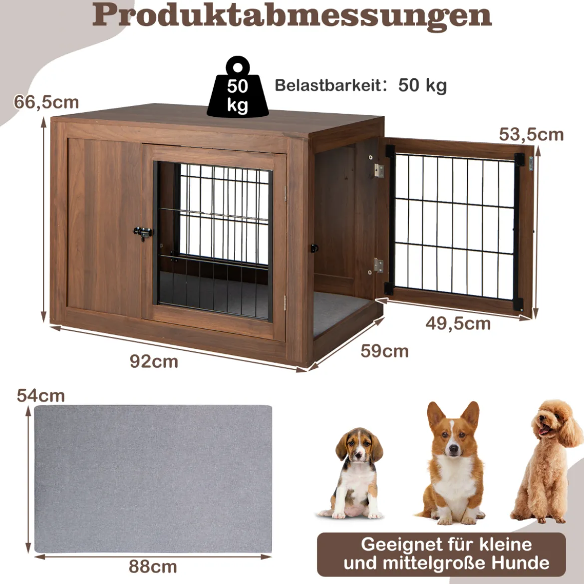 Hundekäfig Tierkäfig Kombination aus Haustierbox & Beistelltisch mit Kissen 92 x 59 x 66,5 cm