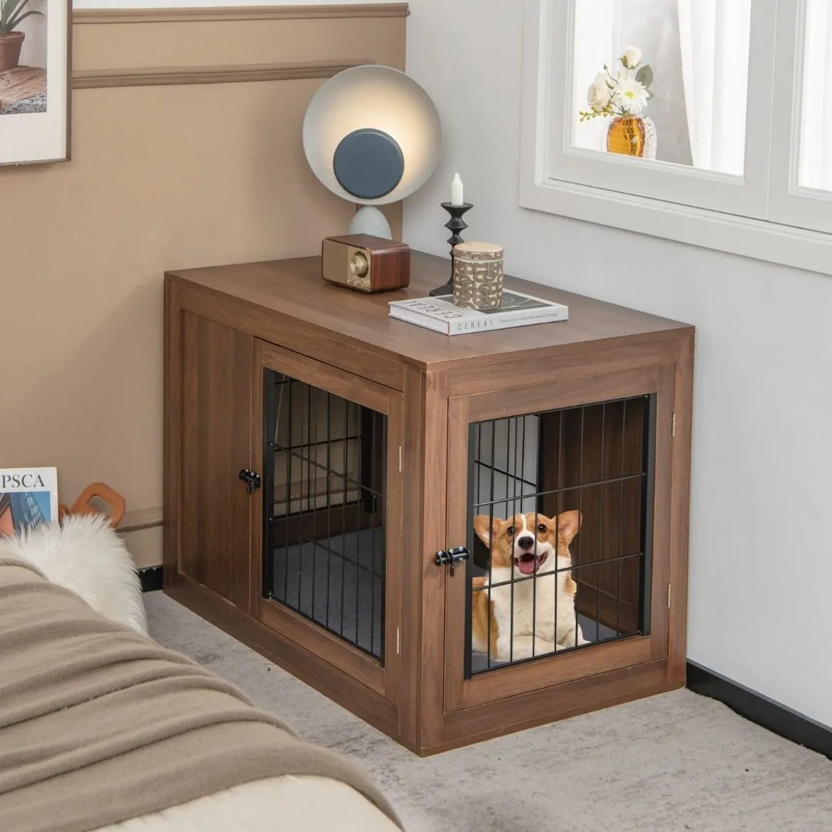 Hundekäfig Tierkäfig Kombination aus Haustierbox & Beistelltisch mit Kissen 92 x 59 x 66,5 cm