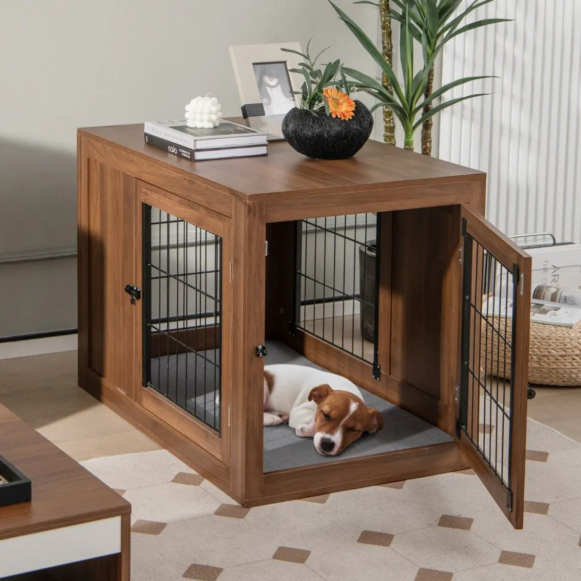 Hundekäfig Tierkäfig Kombination aus Haustierbox & Beistelltisch mit Kissen 92 x 59 x 66,5 cm