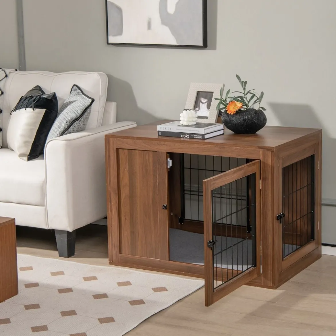 Hundekäfig Tierkäfig Kombination aus Haustierbox & Beistelltisch mit Kissen 92 x 59 x 66,5 cm