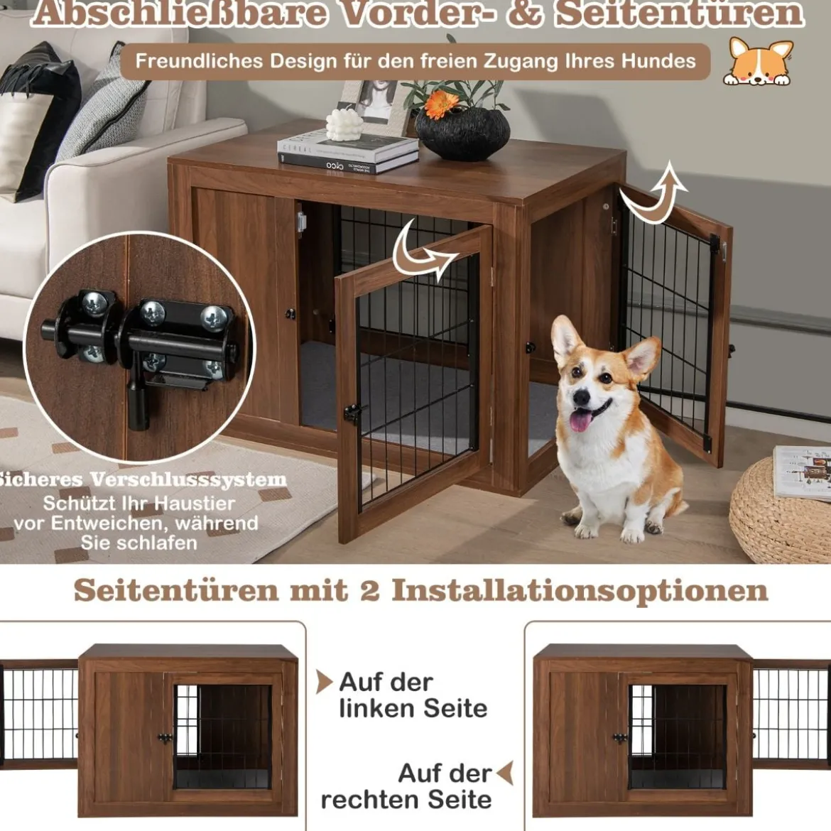 Hundekäfig Tierkäfig Kombination aus Haustierbox & Beistelltisch mit Kissen 92 x 59 x 66,5 cm
