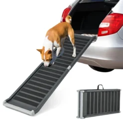 Hunderampe Klappbar bis 60 kg Belastbar Hundetreppe aus Metall & PE Schwarz 159 x 37 x 9 cm