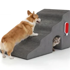 Hundetreppe 4 Stufen Haustiertreppe 43 cm Hoch mit Loch & Waschbarem Bezug Grau