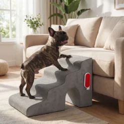 Hundetreppe 4 Stufen Haustiertreppe 43 cm Hoch mit Loch & Waschbarem Bezug Grau