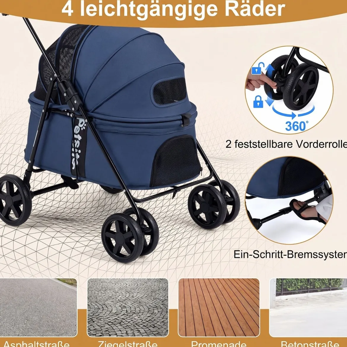 Hundewagen Faltbarer Hundebuggy mit 180° Verstellbarem Sonnendach & Feststellfunktion Dunkelblau