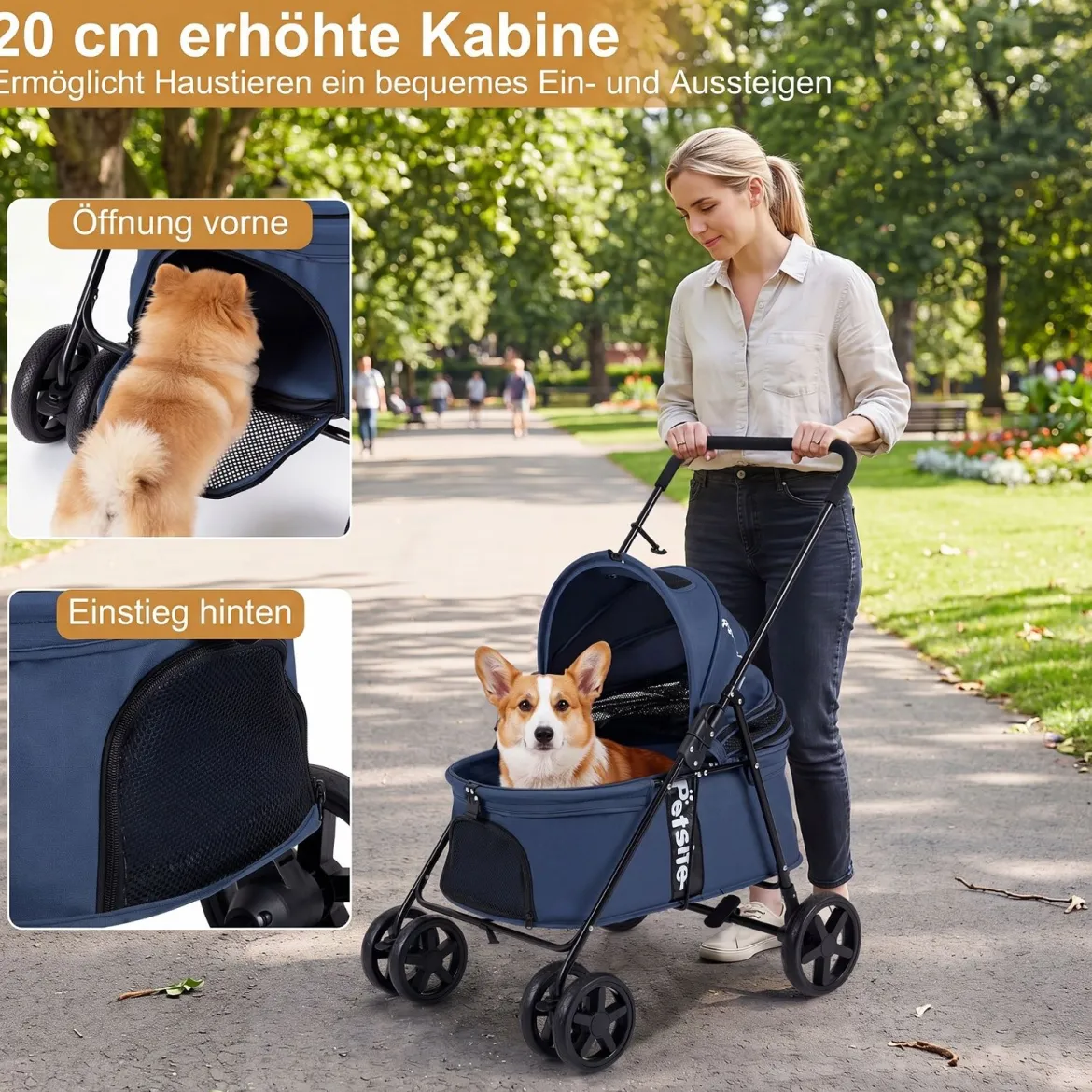 Hundewagen Faltbarer Hundebuggy mit 180° Verstellbarem Sonnendach & Feststellfunktion Dunkelblau