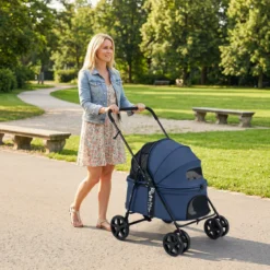 Hundewagen Faltbarer Hundebuggy mit 180° Verstellbarem Sonnendach & Feststellfunktion Dunkelblau