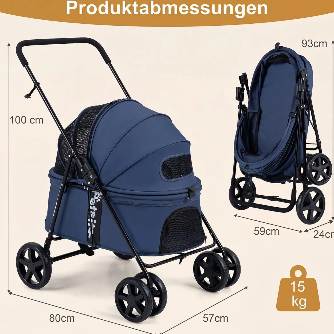 Hundewagen Faltbarer Hundebuggy mit 180° Verstellbarem Sonnendach & Feststellfunktion Dunkelblau