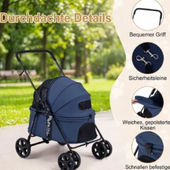 Hundewagen Faltbarer Hundebuggy mit 180° Verstellbarem Sonnendach & Feststellfunktion Dunkelblau