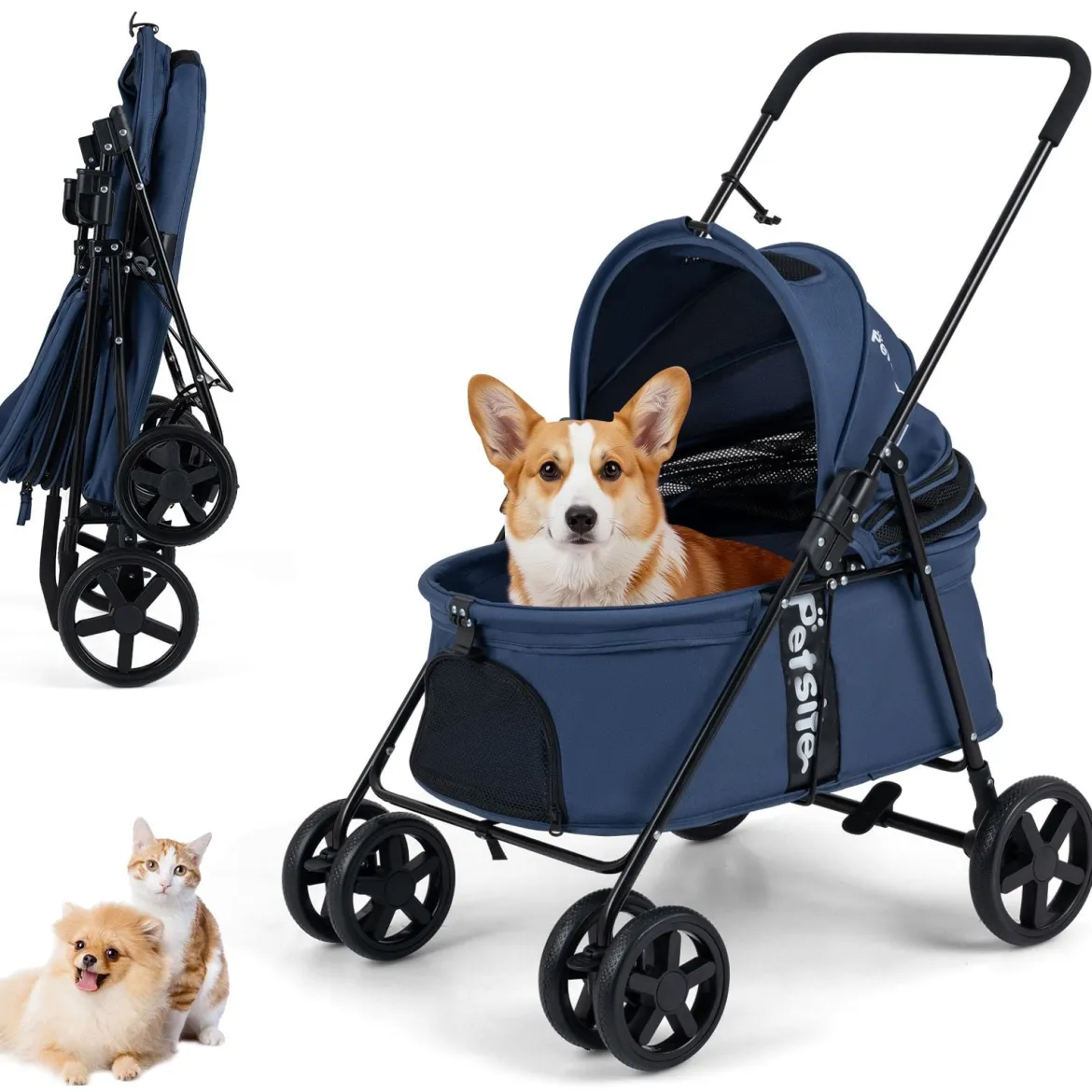 Hundewagen Faltbarer Hundebuggy mit 180° Verstellbarem Sonnendach & Feststellfunktion Dunkelblau