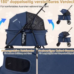 Hundewagen Faltbarer Hundebuggy mit 180° Verstellbarem Sonnendach & Feststellfunktion Dunkelblau