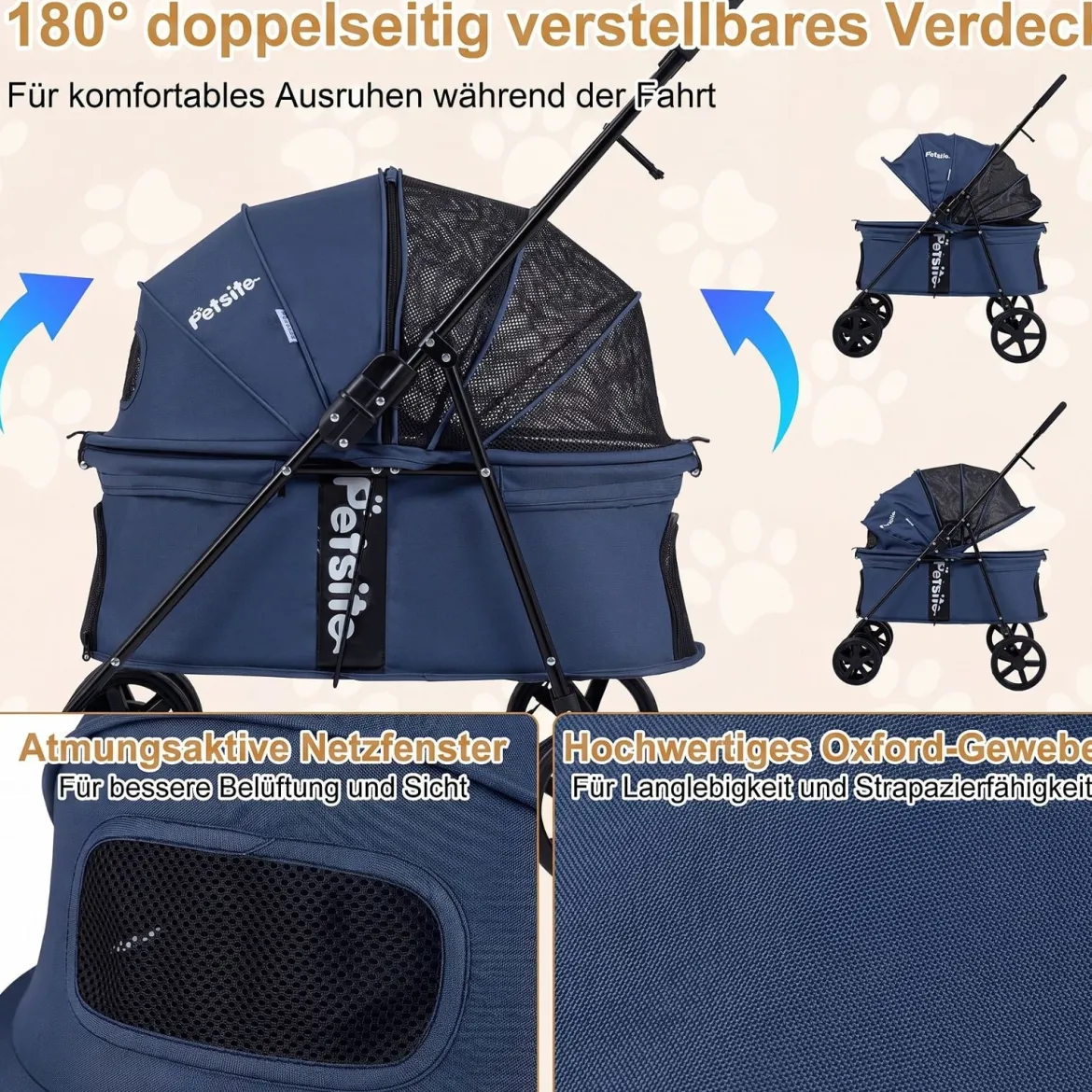 Hundewagen Faltbarer Hundebuggy mit 180° Verstellbarem Sonnendach & Feststellfunktion Dunkelblau